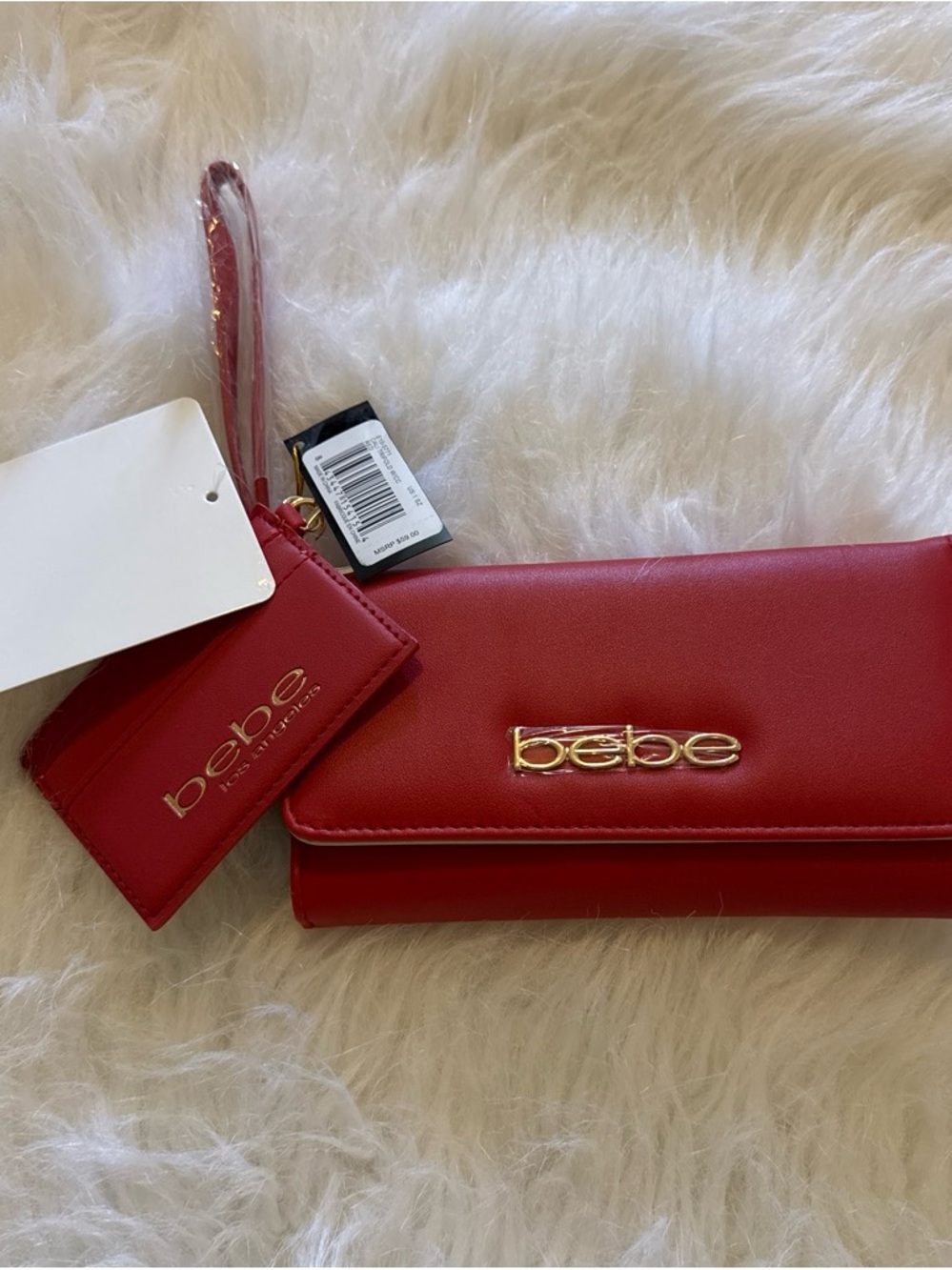 bebe Red Gold-Logo Wristlet Clutch